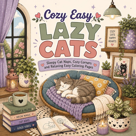 Cozy Lazy Cats Coloring Book | Sleepy Naps, Cottagecore Vibes (PDF Download)