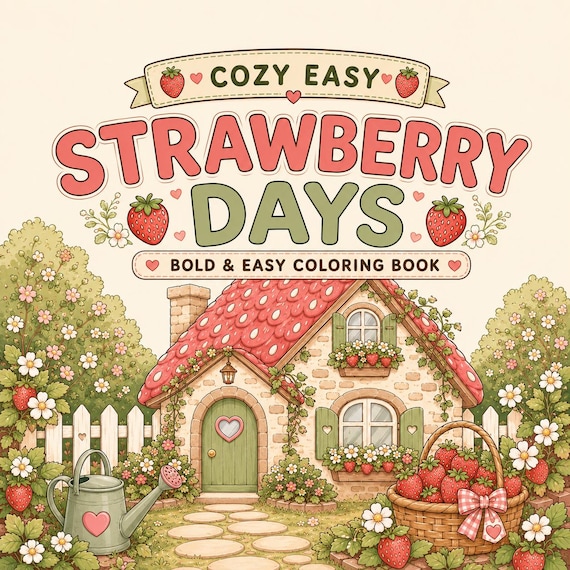 Strawberry Cottagecore Coloring Book | Cozy Garden Scenes, Bold Easy Art (PDF)
