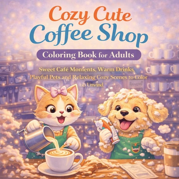 Cozy Coffee Shop Coloring Book, Animals, Warm Drinks, Relaxing Scenes (PDF)