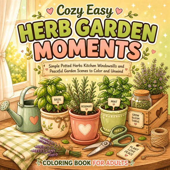 Cozy Herb Garden Coloring Book: Easy Potted Plants, Peaceful Scenes (Digital Download)