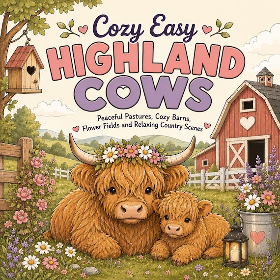 Highland Cows Coloring Book | Cozy Farm Animal Scenes, Relaxing Country Pages (PDF Download)