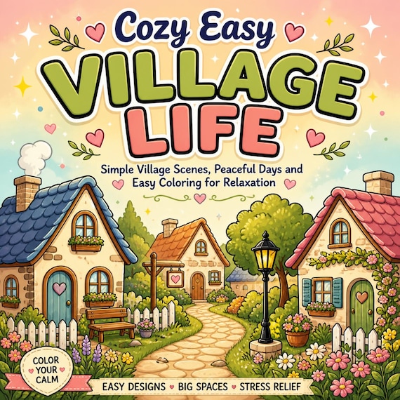 Cozy Village Life Coloring Pages, Simple Scenes, Easy Designs (PDF)