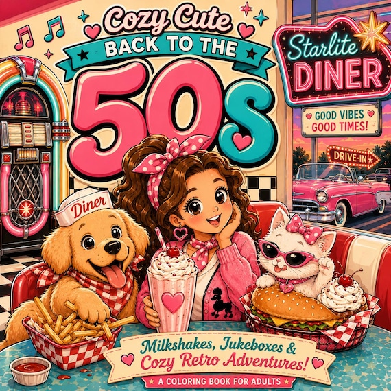 50s Diner Coloring Book | Retro Milkshakes, Jukeboxes, Kittens (PDF Download)