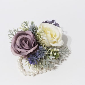 Purple Rose Wrist Corsages, Ivory Corsage, Pearl Wrist Corsage, Bridesmaid Wrist Corsage, Rose Wedding Bracelet, Wedding Wristlet