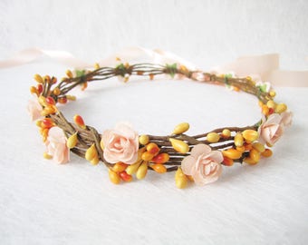 Wedding Floral Crown, Peach Flower Headband, Floral Head Wreath, Wedding Headband, Bridesmaid Flower Crown, Flower Girls Flower Crown