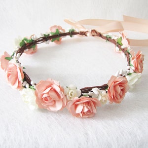 Wedding Floral Crown, Peach Blush Flower Headband, Floral Head Wreath, Wedding Headband, Bridesmaid Floral Crown, Flower Girls Floral Crown image 3