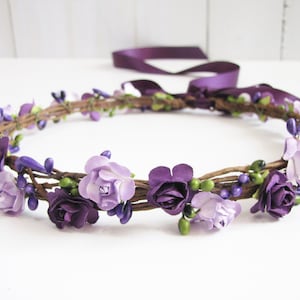 プラムの花冠、2色の花のヘッドバンド、紫の花冠、ラベンダーのウェディングヘッドバンド、ブライズメイドの花冠、フラワーガールのヘッドバンド