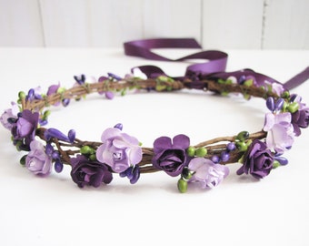 Plum Floral Crown, Two Flower Color Headband, Purple Floral Crown, Lavender Wedding Headband, Bridesmaid Flower Crown, Flower Girls Headband