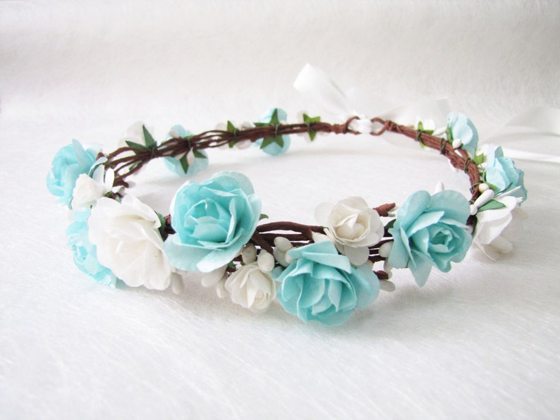 Wedding Floral Crown, Greenish Blue Flower Headband, Floral Head Wreath, Wedding Headband, Bridesmaid Floral Crown, Flower Girl Floral Crown image 3