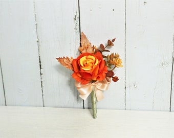 Fall Color Rose Corsage, Burnt Orange Rose Boutonnieres, Rose Corsage, Fall Wedding Boutonniere, Rustic Brown Eucalyptus Buttonhole