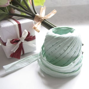 Può includere: Un rotolo di spago di carta verde chiaro con una scatola regalo bianca avvolta in un nastro rosso e bianco sullo sfondo.