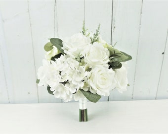 White Roses Wedding Bouquet, Bridesmaid Bouquet, Hydrangeas Wedding Bouquet, Bridal Bouquet, Floral Bouquet, Rustic Eucalyptus Bouquet