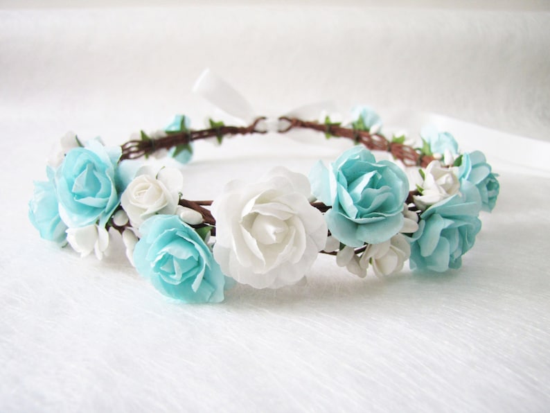 Wedding Floral Crown, Greenish Blue Flower Headband, Floral Head Wreath, Wedding Headband, Bridesmaid Floral Crown, Flower Girl Floral Crown image 1