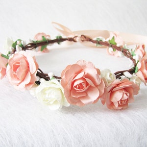 Wedding Floral Crown, Peach Blush Flower Headband, Floral Head Wreath, Wedding Headband, Bridesmaid Floral Crown, Flower Girls Floral Crown image 1