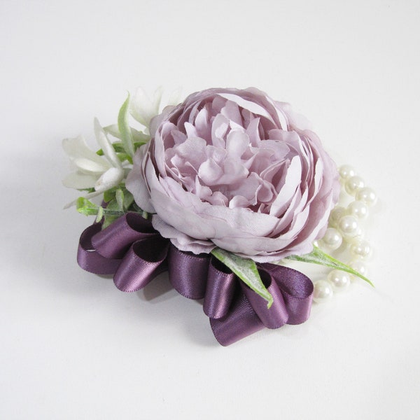 Lavender Peony Wrist Corsages, Pearl Wrist Corsage, Bridesmaid Wrist Corsage, Purple Wedding Bracelet, Wedding Bangle, Purple Wristlet