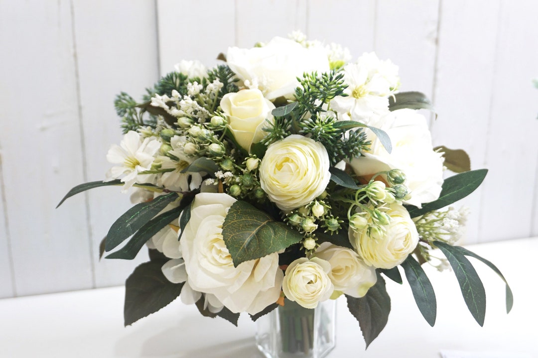 White Peony Bridal Bouquet, Bridesmaid Bouquet, White Roses Wedding ...