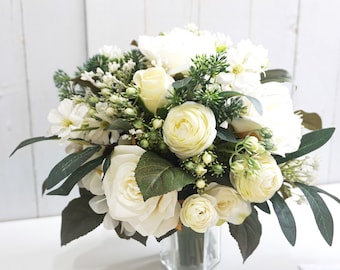 White Peony Bridal Bouquet, Bridesmaid Bouquet, White Roses Wedding Bouquet, Eucalyptus Wedding Bouquet, Rustic Flower Bouquet