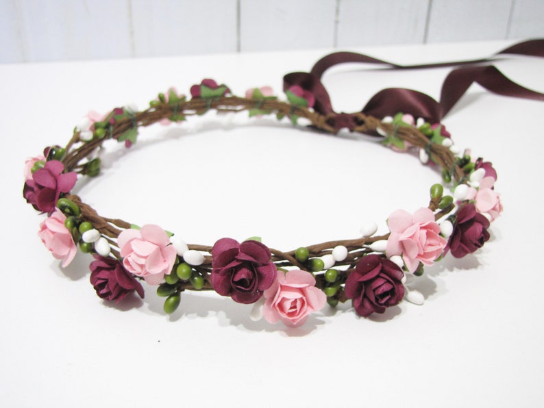 Burgundy Floral Crown, Two Flower Color Headband, Blush Floral Crown, Red Wedding Headband, Bridesmaid Flower Crown, Flower Girls Headband image 2