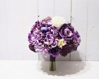 Bouquet de mariée violet, bouquet de demoiselle d’honneur, bouquet de mariage nuances de violet, bouquet de mariage d’hortensia, bouquet floral de roses violettes