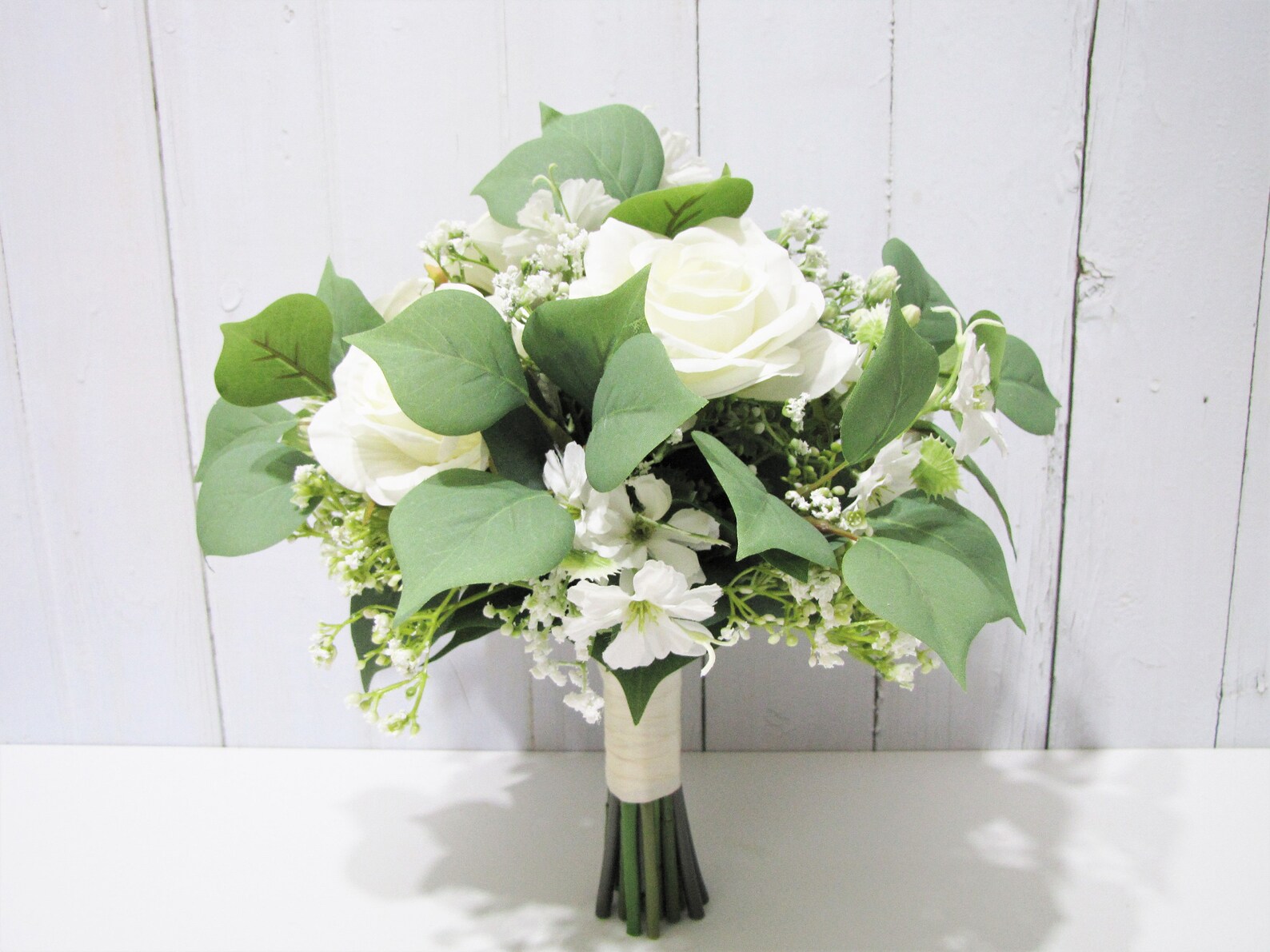 White Roses Bridal Bouquet, Bridesmaid Bouquet, Baby's Breath Wedding Bouquet, Wedding Bouquet