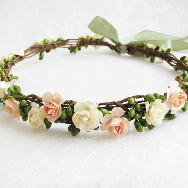 Couronne florale pêche, Bandeau de couleur deux fleurs, Couronne florale ivoire, Bandeau de mariage, Couronne de fleurs de demoiselle d’honneur, Bandeau de filles de fleurs