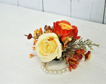 Burnt Orange / Peach Yellow Wrist Corsage, Pearl Wrist Corsage, Bridesmaid Fall Color Floral Wristlet, Rustic Fall Wedding Flower Handband