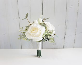 Ivory Roses Wedding Bouquet, Ivory Bridesmaid Bouquet, Junior Bridesmaid Wedding Bouquet, Flower Girl Bouquet, Rustic Wedding Bouquet