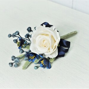 Ivory Rose Boutonniere, Navy Blue Buttonhole, Ivory Rose Corsage, Navy Blue Wedding Boutonniere, Deep Blue Bout, Navy Blue Wedding Flower