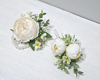 Ramilletes de muñeca de peonía de marfil, Ramillete de muñeca de perla, Ramillete de muñeca para boda de dama de honor, Pulsera de boda de marfil, Brazalete de boda, Boda de marfil