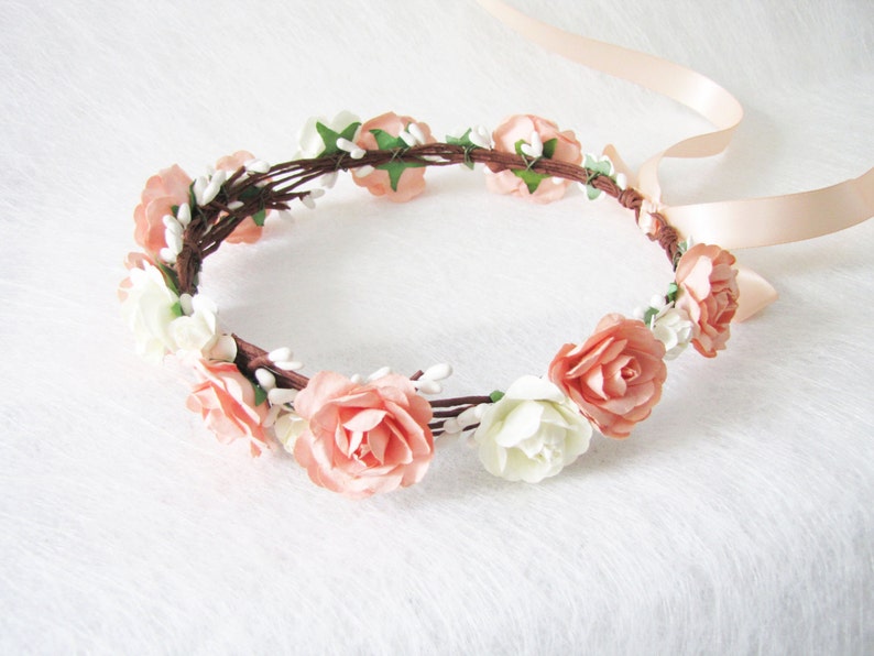 Wedding Floral Crown, Peach Blush Flower Headband, Floral Head Wreath, Wedding Headband, Bridesmaid Floral Crown, Flower Girls Floral Crown image 4