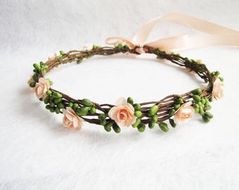 Wedding Floral Crown, Peach Flower Headband, Floral Head Wreath, Wedding Headband, Bridesmaid Flower Crown, Flower Girls Flower Crown