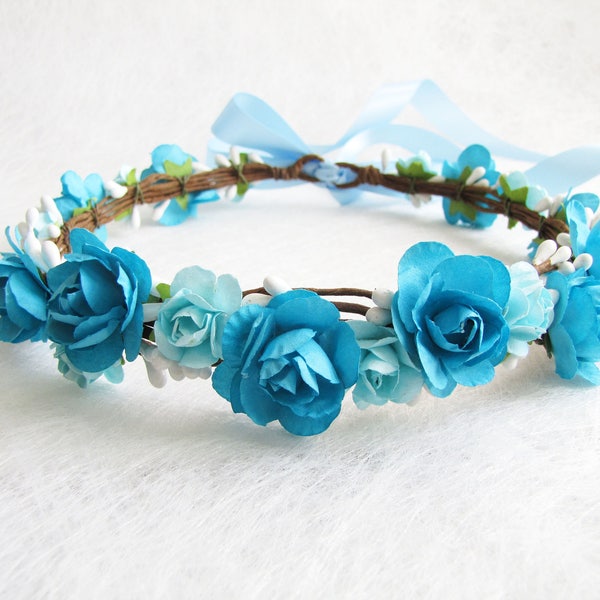 Wedding Floral Crown, Turquoise Blue Flower Headband, Floral Head Wreath, Wedding Headband, Bridesmaid Floral Crown, Flower Girls Headband
