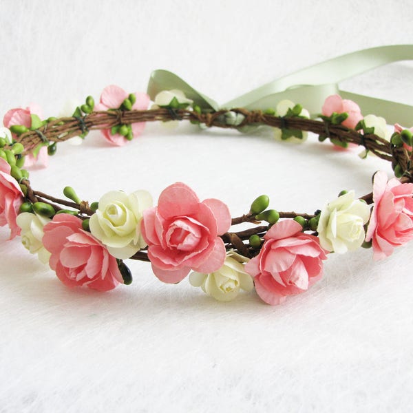 Wedding Floral Crown, Blush Pink Flower Headband, Floral Head Wreath, Ivory Wedding Headband, Bridesmaid Floral Crown, Flower Girls Headband