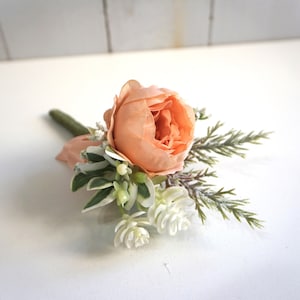 Peach Peony Buttonhole, Peony Flower Boutonniere, Peach Corsage, Wedding Boutonniere, Rustic Sage Green Boutonniere, Spring Wedding Flower