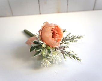 Peach Peony Buttonhole, Peony Flower Boutonniere, Peach Corsage, Wedding Boutonniere, Rustic Sage Green Boutonniere, Spring Wedding Flower