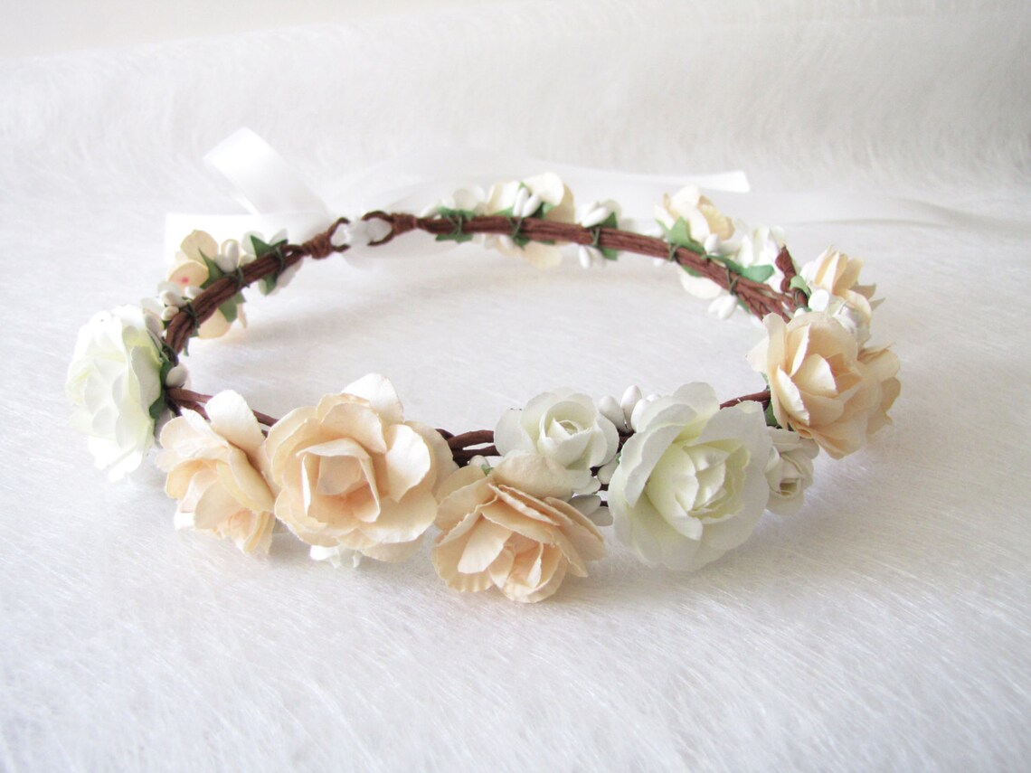 Artificial Champagne Wedding Flower Crowns with Champagne Ribbon
