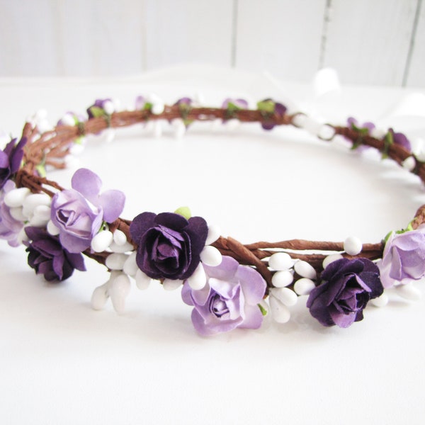 Plum Floral Crown, Two Flower Color Headband, Purple Floral Crown, Lavender Wedding Headband, Bridesmaid Flower Crown, Flower Girls Headband