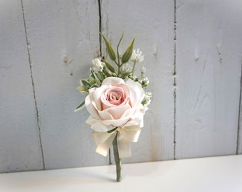 Light Blush Corsage, Blush Buttonhole, Blush Rose Boutonniere, Blush Wedding Boutonniere, Groom Bout, Groomsmen Boho, Baby's Breath Boho