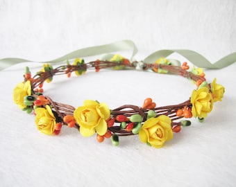 Wedding Floral Crown, Mustard Color Flower Headband, Floral Head Wreath, Wedding Headband, Bridesmaid Flower Crown, Flower Girls Headband