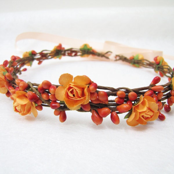 Wedding Floral Crown, Orange Flower Headband, Floral Head Wreath, Wedding Headband, Bridesmaid Flower Crown, Flower Girls Flower Crown