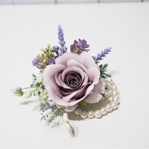 Dusty Purple Rose Wrist Corsages, Pearl Wrist Corsage, Bridesmaid Wrist Corsage, Purple Wedding Bracelet, Wedding Bangle, Purple Wristlet