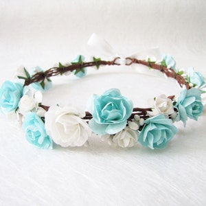 Wedding Floral Crown, Greenish Blue Flower Headband, Floral Head Wreath, Wedding Headband, Bridesmaid Floral Crown, Flower Girl Floral Crown image 2