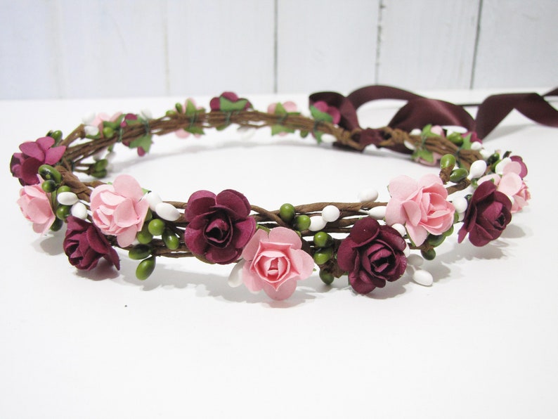 Burgundy Floral Crown, Two Flower Color Headband, Blush Floral Crown, Red Wedding Headband, Bridesmaid Flower Crown, Flower Girls Headband image 1