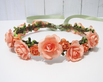 Wedding Floral Crown, Peach Flower Headband, Champagne Floral Head Wreath, Wedding Headband, Bridesmaid Floral Crown, Flower Girl Headpiece