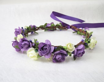 Wedding Floral Crown, Ivory Purple Flower Headband, Floral Head Wreath, Wedding Headband, Bridesmaid Floral Crown, Flower Girls Floral Crown