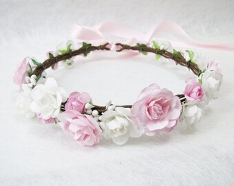 Pink Flower Wedding Crown, Wedding Flower Headband, Floral Head Wreath, Wedding Headband, Bridesmaid Floral Crown, Flower Girl Floral Crown