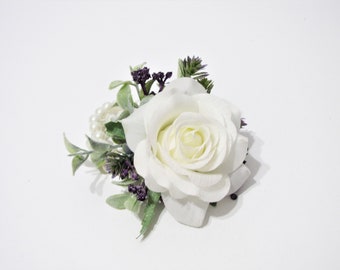 White Rose Wrist Corsages, Pearl Wrist Corsage, Bridesmaid Wrist Corsage, White Rose Wedding Bracelet, Purple Wedding Bangle