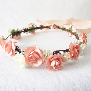 Wedding Floral Crown, Peach Blush Flower Headband, Floral Head Wreath, Wedding Headband, Bridesmaid Floral Crown, Flower Girls Floral Crown image 2