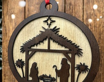 Laser Cut Wooden Nativity Ornament, Rustic Christian Christmas Decor, Faith Gift or Keepsake with Optional Gift /Storage Box   Free Shipping