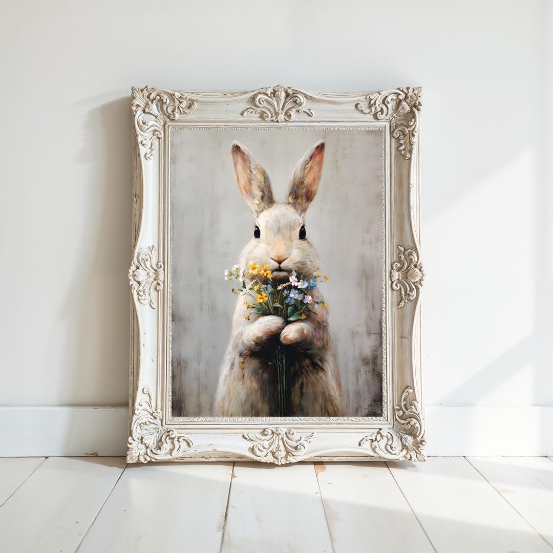Muted Rabbit Muted Rabbits in Spring Print Vintage Style Bunny Wall Art Cozy Cottage ...